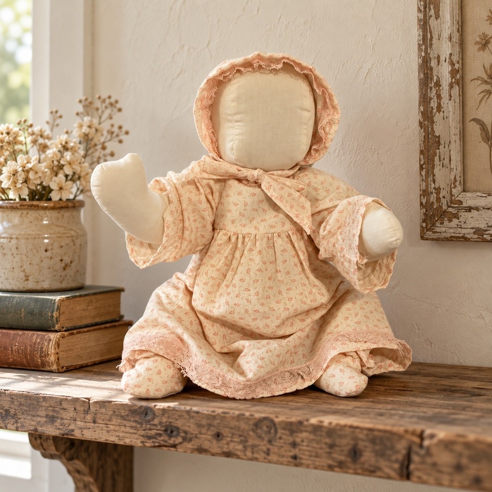 Vintage Faceless Cloth Doll 16" Poseable Button Joints Pink Floral Calico Outfit
